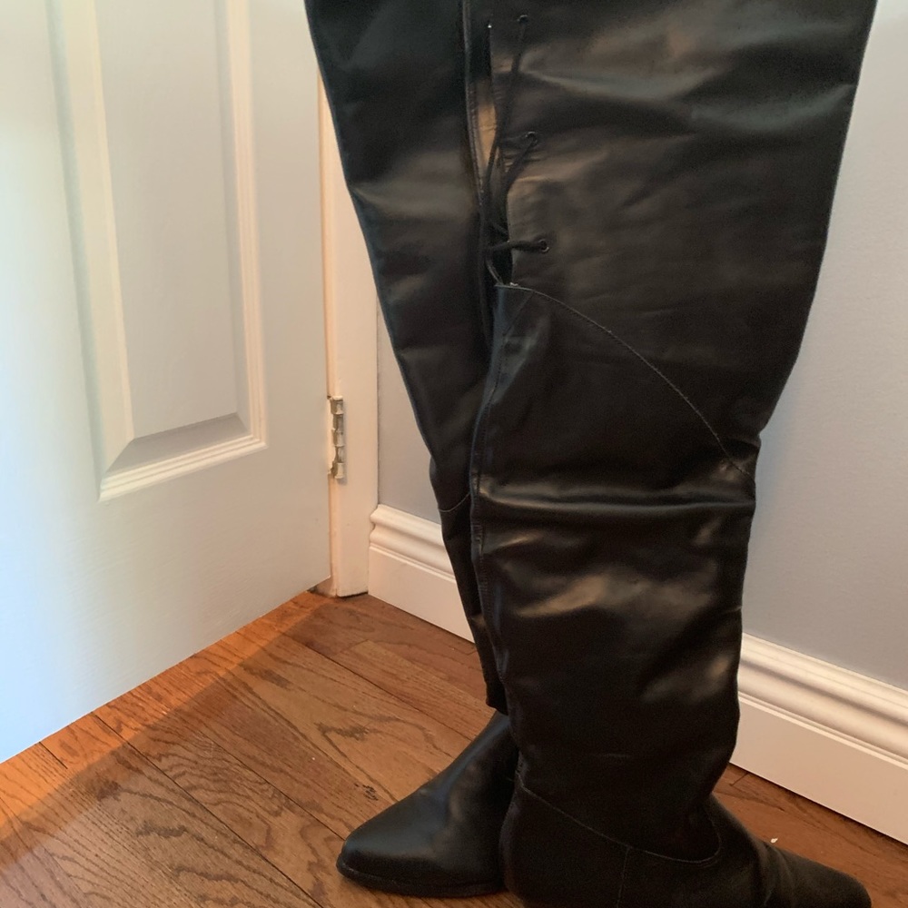 Lace up thigh high leather boots